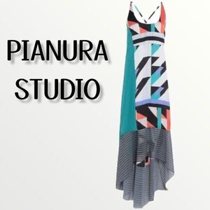 PIANURASTUDIO Silk Geometric Crossback High Low Maxi Dress L